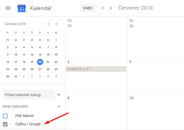 Caflou kalendář mezi Google kalendáři