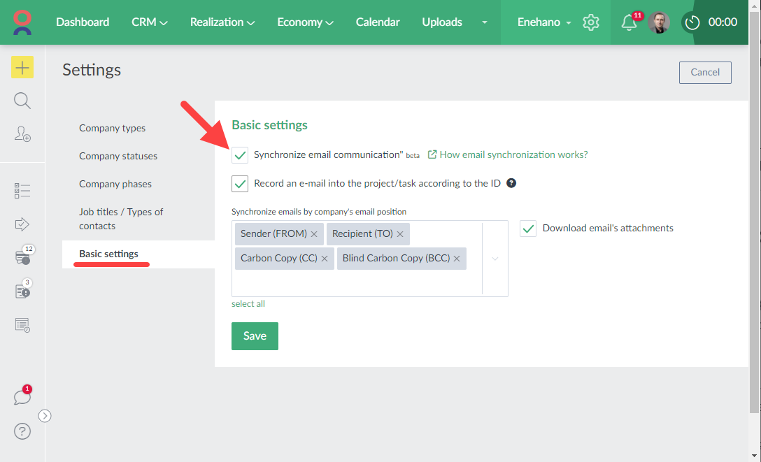 Email synchronisation set up