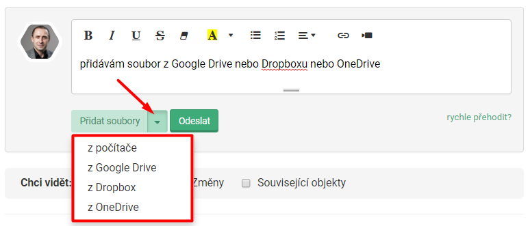 Možnost nahrát soubory z externího úložiště jako Google Drive, Dropbox nebo OneDrive