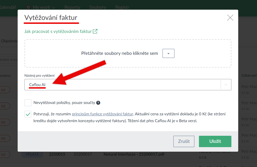 Caflou AI pro vytěžování faktur